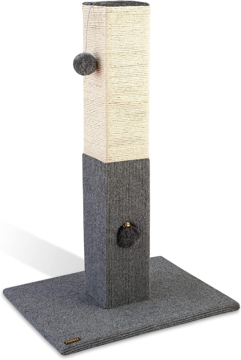 Pawbee 32" Cat Scratching Post with Jingle Bell and Softball, Sisal Rope Tower for Indoor Adults Large Cats, Gray & Beige