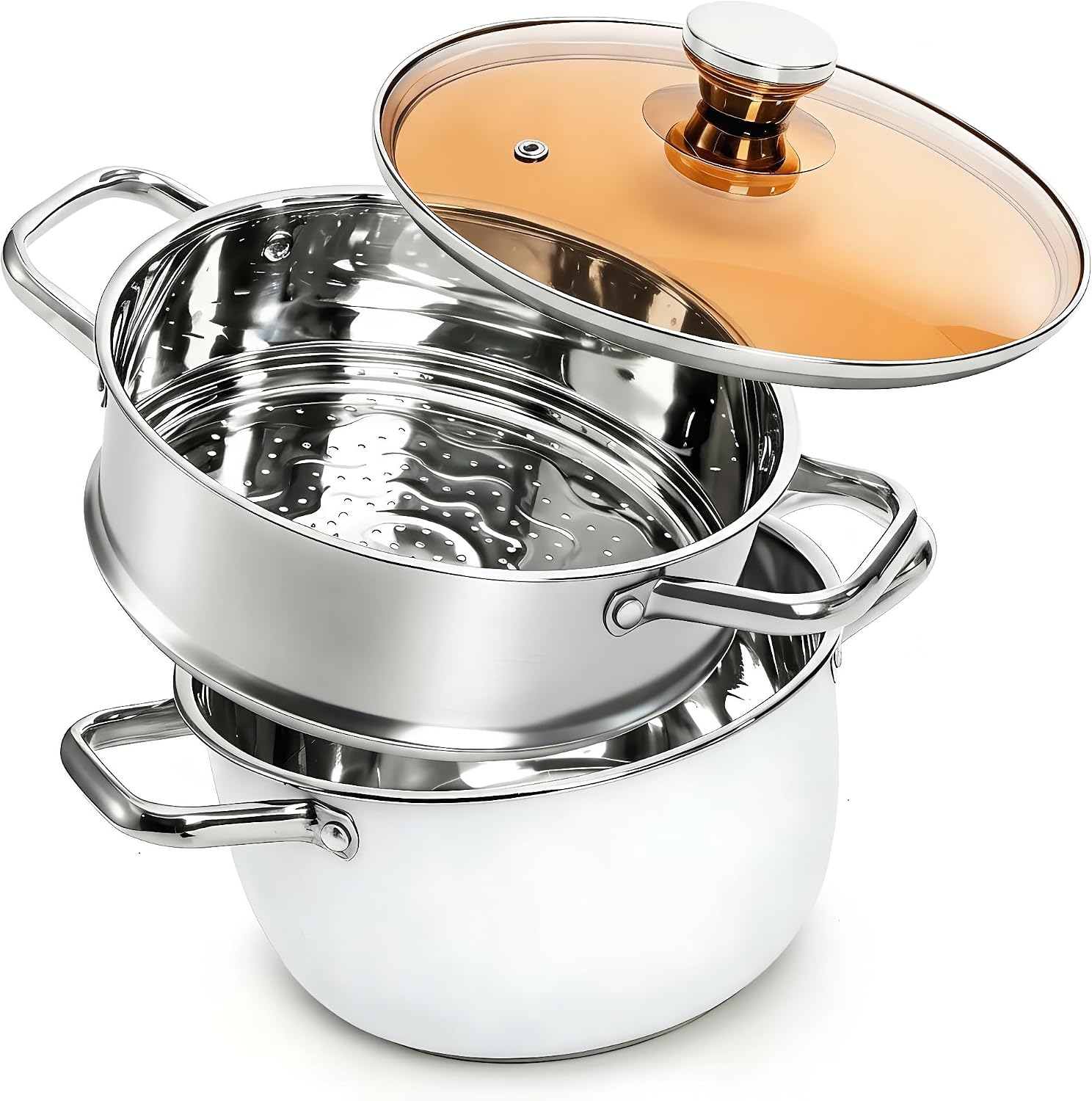 2 Tier Steamer Pot with Lid, 4 Quart Stainless Steel Food Steamer for Cooking, Multipurpose for Vegetable, Dumpling, Sauce, Pasta 2 Tier Steamer Pot with Lid, 4 Quart Stainless Steel Food Steamer for Cooking, Multipurpose for Vegetable, Dumpling, Sauce, Pasta