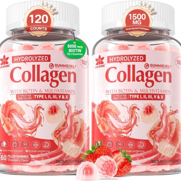 2Pack Sugar-Free Hydrolyzed Collagen Peptide Filled Gummies for Women & Men, with 1500mg Protein Type I,II,III,V,X, 5000mcg Biotin Vitamin C A E D3 B6 B12 for Immune Digestion Skin Hair Nails, Bone
