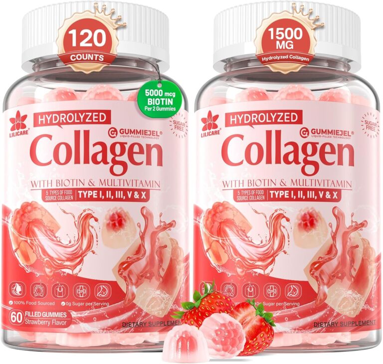 2Pack Sugar-Free Hydrolyzed Collagen Peptide Filled Gummies for Women & Men, with 1500mg Protein Type I,II,III,V,X, 5000mcg Biotin Vitamin C A E D3 B6 B12 for Immune Digestion Skin Hair Nails, Bone