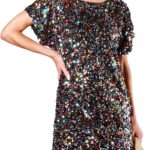Women's Crewneck Sequin Shift Dress Short Sleeve Casual Holiday Sparkly Party Dress