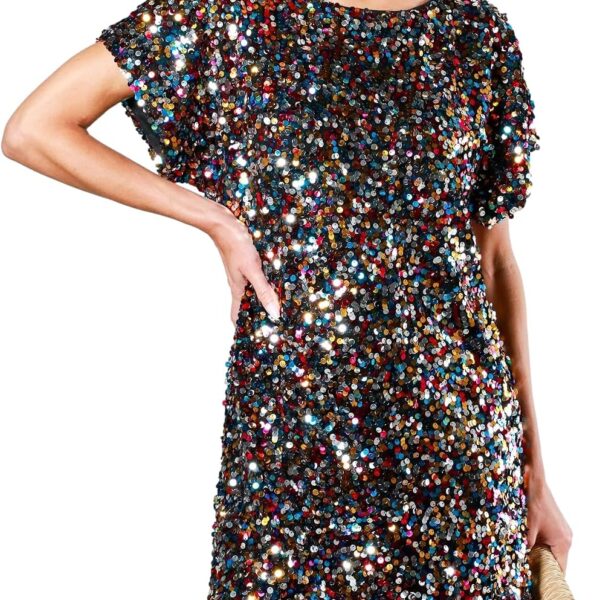 Women's Crewneck Sequin Shift Dress Short Sleeve Casual Holiday Sparkly Party Dress