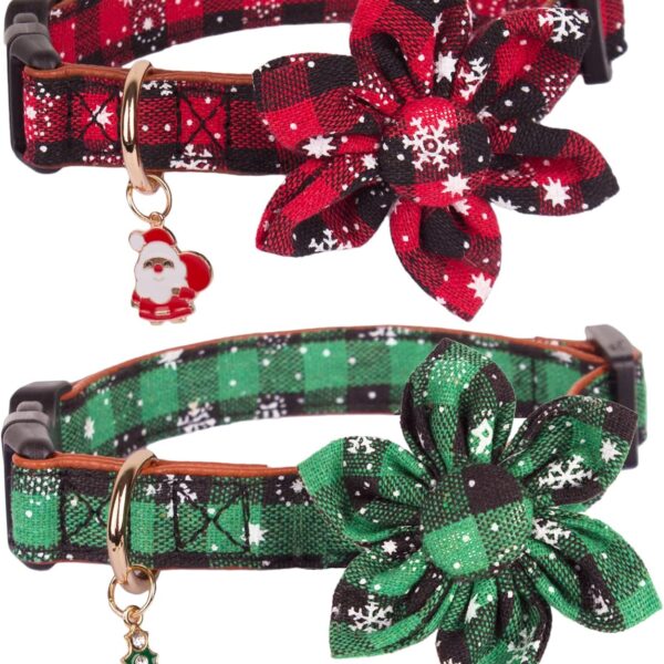 ADOGGYGO Christmas Dog Collar with Removable Flower, Classic Buffalo Plaid Snowflake Pet Xmas Collar, Adjustable Red Green Christmas Collars for Medium Dog (Medium)