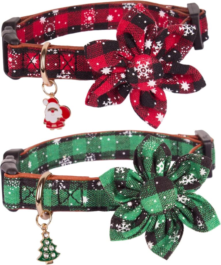 ADOGGYGO Christmas Dog Collar with Removable Flower, Classic Buffalo Plaid Snowflake Pet Xmas Collar, Adjustable Red Green Christmas Collars for Medium Dog (Medium)