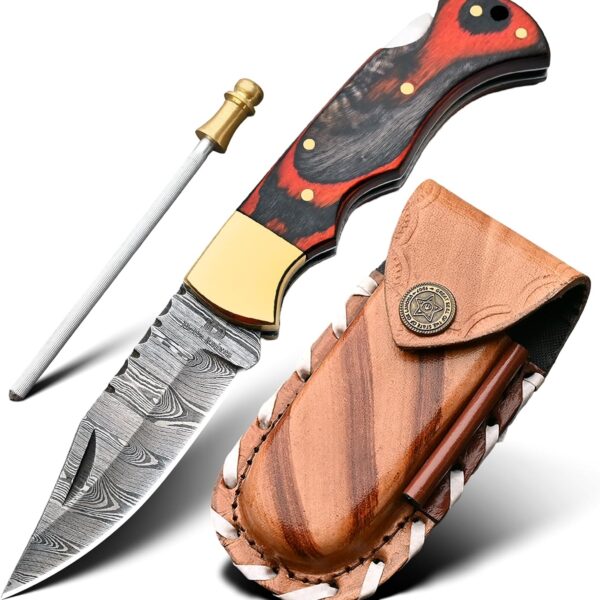Handmade Damascus steel Pocket knife-Damascus pocket knife for men - Good for camping, survivals indoors & outdoors-6.5" Natural Bone Handle(Skull Enraved) (Red)