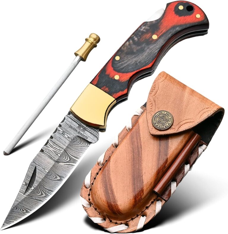 Handmade Damascus steel Pocket knife-Damascus pocket knife for men - Good for camping, survivals indoors & outdoors-6.5" Natural Bone Handle(Skull Enraved) (Red)