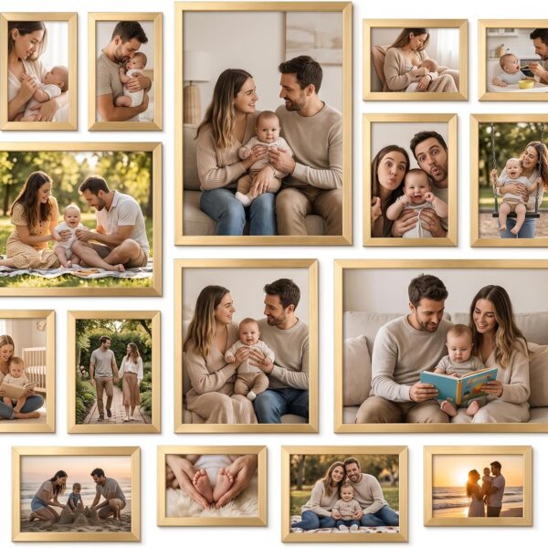 Giftgarden 16 Pack Gold Picture Frames for Multi Sizes Photos, Including Two 11x14, Two 8x10, Six 5x7, Six 4x6, Assorted Gallery Collage Frame Set for Wall or Tabletop Display, Fathers Day