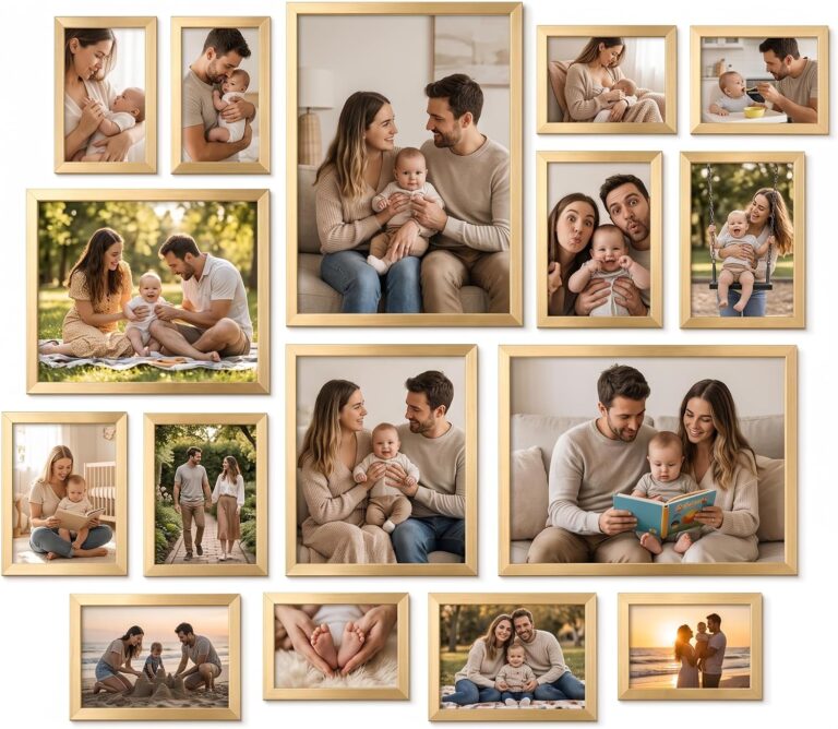 Giftgarden 16 Pack Gold Picture Frames for Multi Sizes Photos, Including Two 11x14, Two 8x10, Six 5x7, Six 4x6, Assorted Gallery Collage Frame Set for Wall or Tabletop Display, Fathers Day