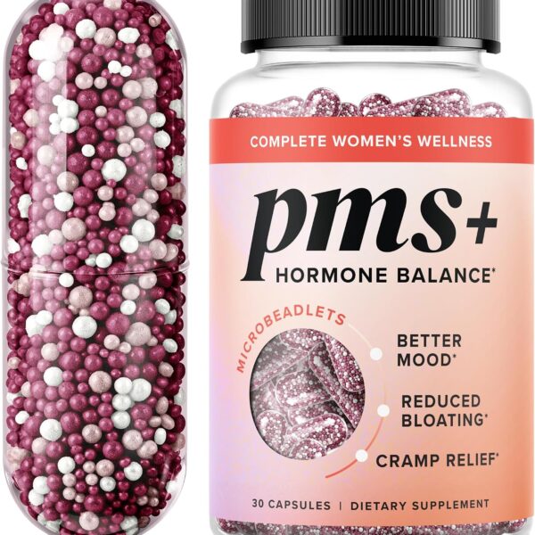 PMS Support Supplement for Women with PMS Relief | Hormonal Acne, Hormone Balance & Period Relief | Chasteberry Supplements | Microbeadlets with Dong Quai, Cranberry & Vitamin B6 | Non-GMO 30ct