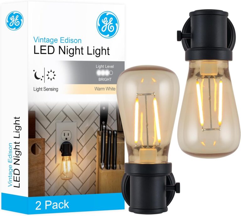 GE Vintage LED Edison Night Lights Plug Into Wall, 2-Pack, Dusk to Dawn Auto Sensor, Warm White, Adjustable Brightness Plug in Nightlight with Manual On/Off/High/Low Switch, Perfect for Adults