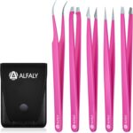 5pcs Pink Tweezers Set with Case - Stainless Steel Professional Sharp Tweezers for Women Facial Hair - Best Precision Tweezer for Splinter Removal, Ingrown Hair & Eyebrows Shaping