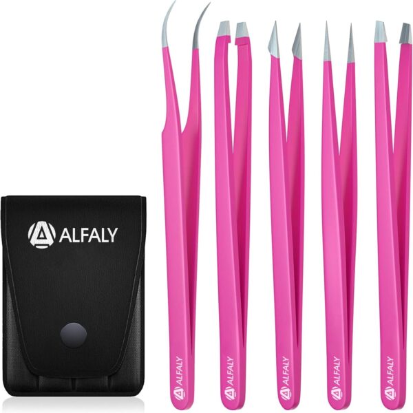 5pcs Pink Tweezers Set with Case - Stainless Steel Professional Sharp Tweezers for Women Facial Hair - Best Precision Tweezer for Splinter Removal, Ingrown Hair & Eyebrows Shaping