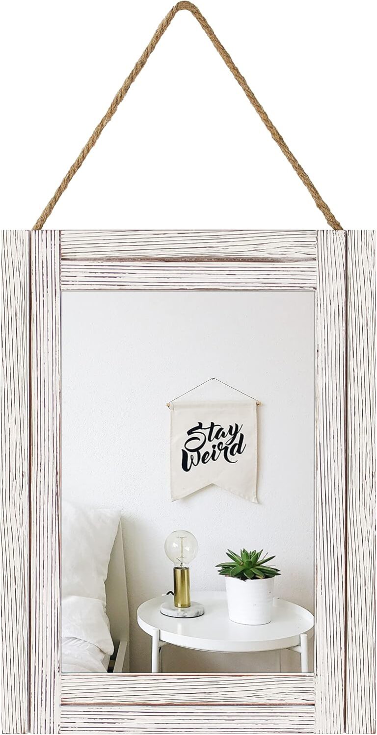 16 X 12 Inch Rustic Wood Framed Wall Mirror with Hanging Rope for Farmhouse Decor, for Entryway, Bedroom, Bathroom, Dresser, Wash White