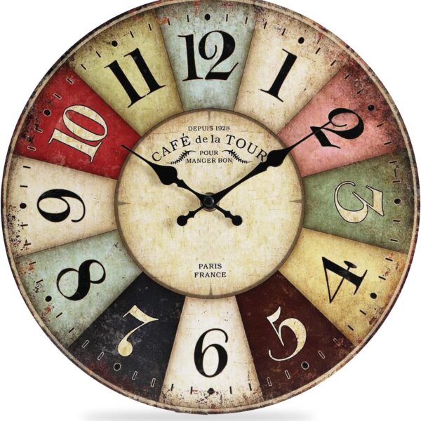 QWANPET Wall Clock - 12" Retro Rustic Style Quartz Clock, Silent Non-Ticking Wooden Battery Operated for Living Room, Kitchen, Home, Bathroom, Bedroom