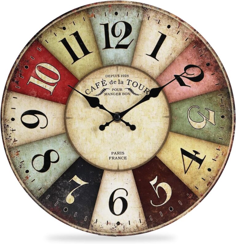 QWANPET Wall Clock - 12" Retro Rustic Style Quartz Clock, Silent Non-Ticking Wooden Battery Operated for Living Room, Kitchen, Home, Bathroom, Bedroom