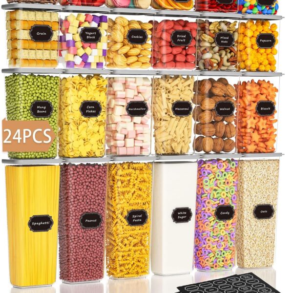 Airtight Food Storage Containers With Lids 24pcs Organization Canisters Kitchen Bpa Free Plastic Pantry Containers Storage Set for Pasta, Cereal, Dry Food, Flour and Sugar-60 Labels