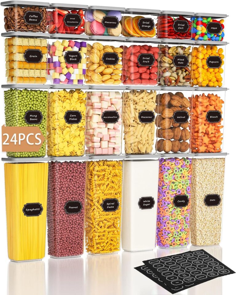 Airtight Food Storage Containers With Lids 24pcs Organization Canisters Kitchen Bpa Free Plastic Pantry Containers Storage Set for Pasta, Cereal, Dry Food, Flour and Sugar-60 Labels