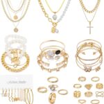 KISS WIFE Golden Jewelry Set for Women with Multi Layered Necklaces, Stackable Bracelets, Knuckle Rings, Hoop Earrings, Fashion Outfit Accessories Jewelry Packs Gifts for Women