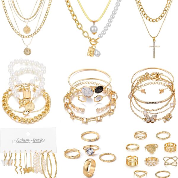 KISS WIFE Golden Jewelry Set for Women with Multi Layered Necklaces, Stackable Bracelets, Knuckle Rings, Hoop Earrings, Fashion Outfit Accessories Jewelry Packs Gifts for Women