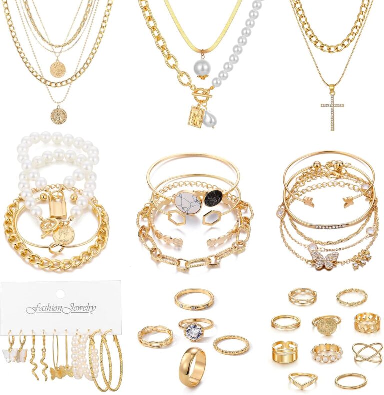 KISS WIFE Golden Jewelry Set for Women with Multi Layered Necklaces, Stackable Bracelets, Knuckle Rings, Hoop Earrings, Fashion Outfit Accessories Jewelry Packs Gifts for Women
