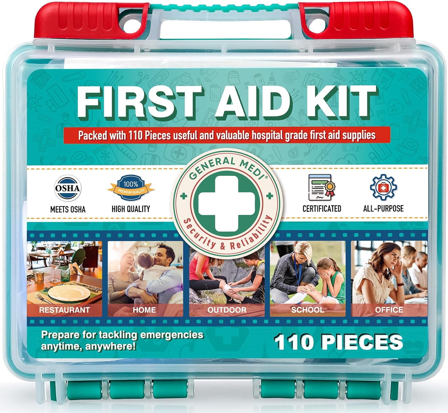 General Medi 110 Pieces Small First Aid Kit - HardCase First Aid Box - Contains Premium Medical Supplies for Travel, Home, Office, Vehicle, Camping, Workplace & Outdoor General Medi 110 Pieces Small First Aid Kit - HardCase First Aid Box - Contains Premium Medical Supplies for Travel, Home, Office, Vehicle, Camping, Workplace & Outdoor