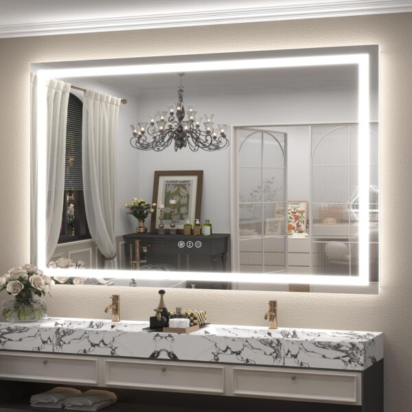 66x40 LED Lighted Bathroom Mirror for Vanity | Front Light and Backlit, Anti-Fog, Memory, 3 Color, Tempered Glass, Rectangular, UL, Horizontal/ Vertical Wall Mounted