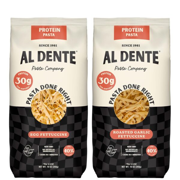Al Dente Protein Pasta Egg & Roasted Garlic Fettuccine - 30g High Protein in 3.5oz Serving, Lower Carb. Cage-Free Eggs & Semolina. (Previously Carba-Nada, Packaging May Vary) - 10oz Bags (Pack of 2)