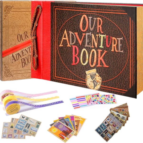 Our Adventure Book Handcrafted 11.92 x 7.62" Leather-Bound Scrapbook with 80 Pages, Embossed Lettering, Inspired by 'Up', Ideal for Photos, Weddings&Travel Memories Gift Box Included (Handmade Book)