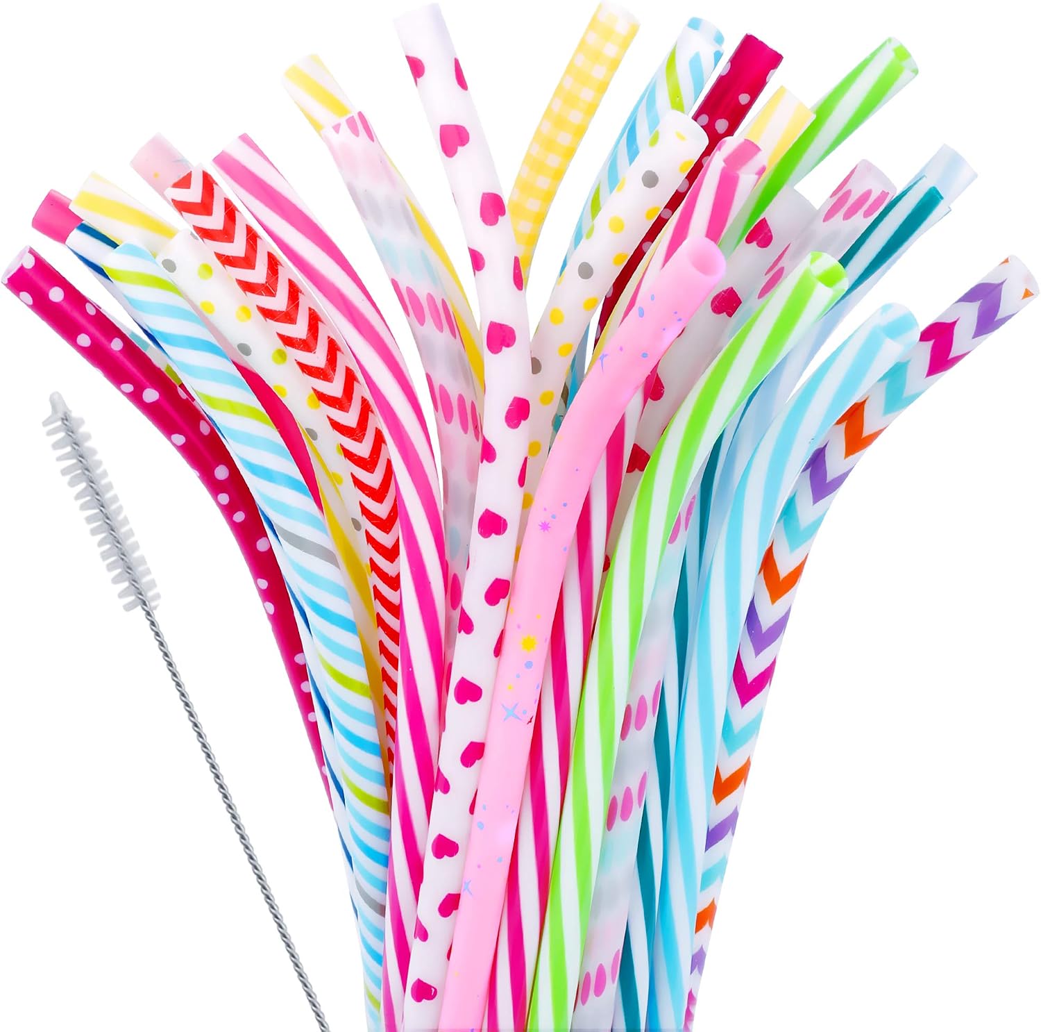JANYUN 30 Pieces Reusable Plastic Straws BPA-Free 9" Colorful Printing Hard Platic Stripe Drinking Straw for Mason Jar Tumbler Family or Party Use Cleaning Brush Included(Random Pattern) (Bent) JANYUN 30 Pieces Reusable Plastic Straws BPA-Free 9" Colorful Printing Hard Platic Stripe Drinking Straw for Mason Jar Tumbler Family or Party Use Cleaning Brush Included(Random Pattern) (Bent)