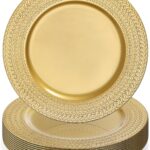 SOUJOY 12 Pack Plastic Gold Charger Plates, 13 Inch Dinner Plate, Leaf Trim Antique Charger Plate for Weddings, Parties, Anniversary, Thanksgiving, Christmas