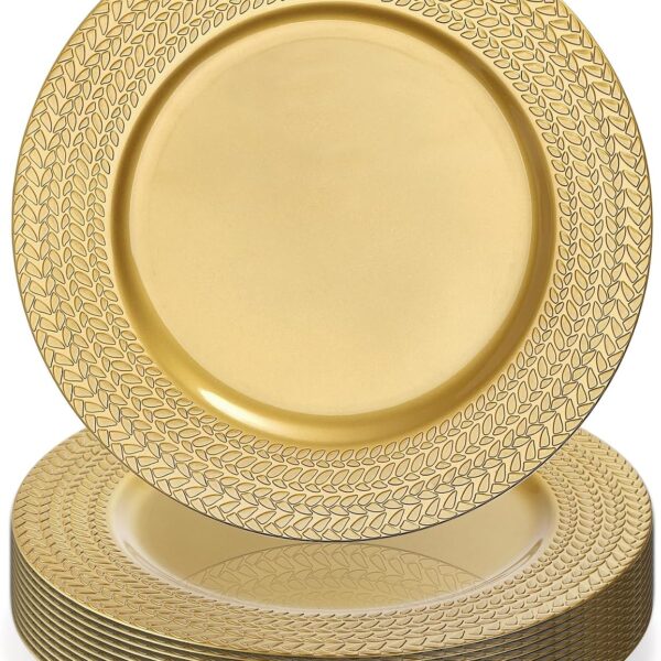 SOUJOY 12 Pack Plastic Gold Charger Plates, 13 Inch Dinner Plate, Leaf Trim Antique Charger Plate for Weddings, Parties, Anniversary, Thanksgiving, Christmas