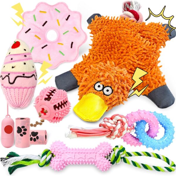 9 Pack Dog Toys for Small Dogs & Puppies Puppy Chew Toys for Teething No Stuffing Squeaky Rubber Chew Toys with Duck Toy, Donut, Cake, Dog Bone & Treat Ball for Calming Chewing Fun