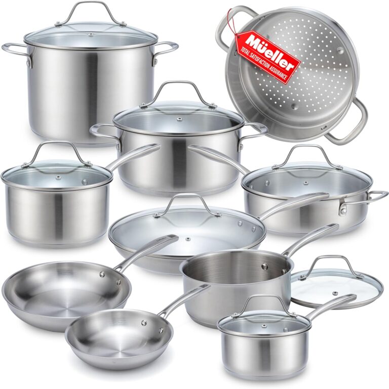 Mueller 17-Piece Stainless Steel Pots and Pans Set  Tri-Ply Ultra-Clad Pro Cookware Set, Induction Ready, Oven Safe, Even-Heat Aluminum Core, Includes Skillets, Saucepans, Dutch Oven, Stockpot