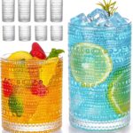 Hobnail Drinking Glasses Set of 8, 12 oz Highball Glasses & 10 oz Cocktail Glasses, Embossed Vintage Kitchen Glassware, Dishwasher Safe Glasses Drinking Set for Whiskey, Juice, Cocktails, Beer