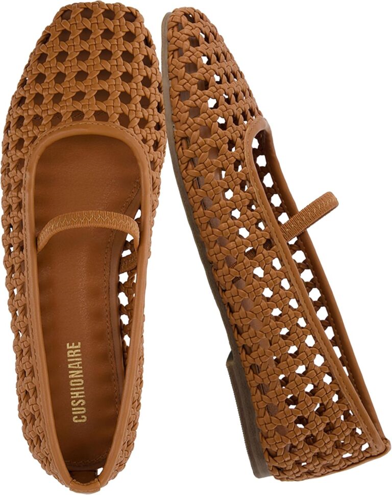CUSHIONAIRE Weavy Woven Ballet Flats for Women, Square Toe Mary Jane Flats with Elastic Strap, Wide Widths Available