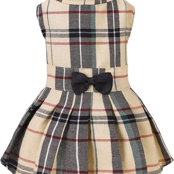 PUPTECK Classic Beige Plaid Dog Dress with Bow Puppy Skirt Clothes S | Cute Chic Cat Puppy Clothes for Small Medium Large Dogs Girl Pet Apparel Outfits Costume for Birthday Wedding Party Holiday
