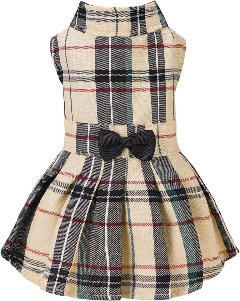 PUPTECK Classic Beige Plaid Dog Dress with Bow Puppy Skirt Clothes S | Cute Chic Cat Puppy Clothes for Small Medium Large Dogs Girl Pet Apparel Outfits Costume for Birthday Wedding Party Holiday