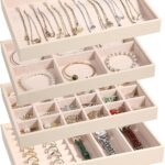 LANDICI Stackable Jewelry Organizer Trays 4 Set,PU Leather Jewelry Organizer Drawer,Jewelry Storage Display Tray for Earring Necklace Rings Bracelet with Removable Dividers,Apricot