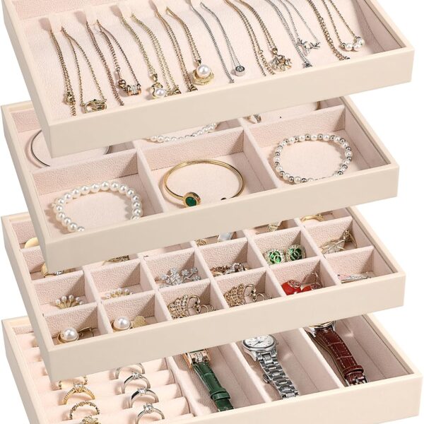 LANDICI Stackable Jewelry Organizer Trays 4 Set,PU Leather Jewelry Organizer Drawer,Jewelry Storage Display Tray for Earring Necklace Rings Bracelet with Removable Dividers,Apricot
