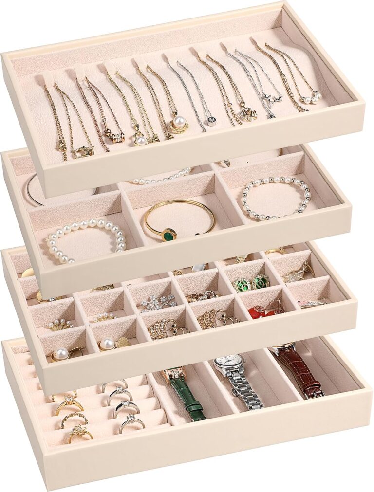 LANDICI Stackable Jewelry Organizer Trays 4 Set,PU Leather Jewelry Organizer Drawer,Jewelry Storage Display Tray for Earring Necklace Rings Bracelet with Removable Dividers,Apricot