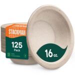 Paper Bowls, 100% Compostable Disposable Soup Bowl [125-Pack] - PFAS-Free - BPI Certified - [16 oz] Heavy Duty, Eco-Friendly, Biodegradable Bagasse Hot Food Plates and Bowls - Natural Brown