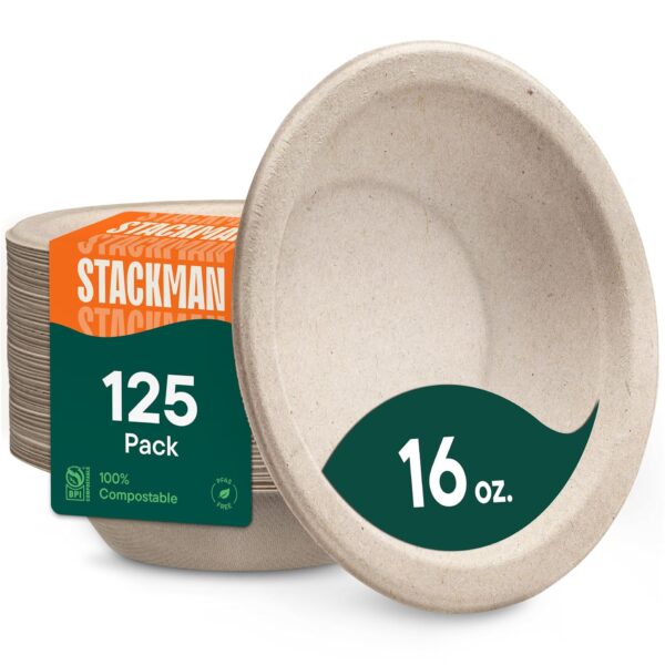 Paper Bowls, 100% Compostable Disposable Soup Bowl [125-Pack] - PFAS-Free - BPI Certified - [16 oz] Heavy Duty, Eco-Friendly, Biodegradable Bagasse Hot Food Plates and Bowls - Natural Brown