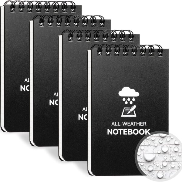 COIDEA Waterproof Notebook, 4 Pack Top-Spiral Pocket Notepad, 3" x 5" Weatherproof NotePad, All Weather Police Pocket Notebook Little Memo Steno Note Pads for Outdoor Office School Recording, Black