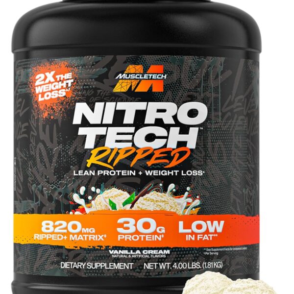 Muscletech Whey Protein Powder (Vanilla Cream, 4LB) - Nitro-Tech Ripped Whey Protein Isolate & Peptides Smoothie Mix for Lean Muscle & Fast Recovery - 30g of Whey Protein for Women & Men