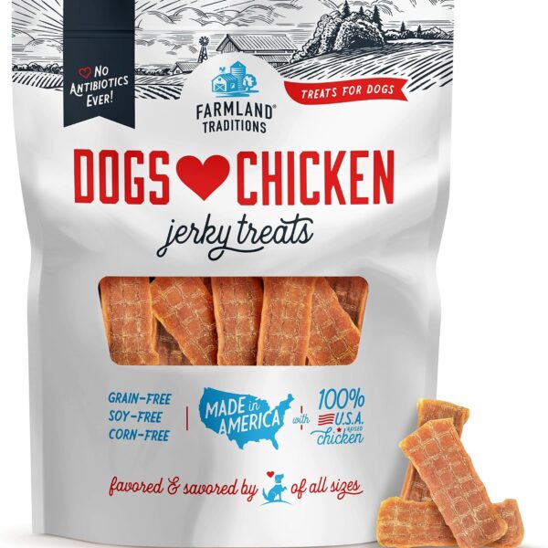 Farmland Traditions Dogs Love Chicken Jerky Dog Treats, Premium Two-Ingredient Dog Jerky with USA-Raised Chicken & No Antibiotics Ever, 3 Pound (Pack of 1) Bag.
