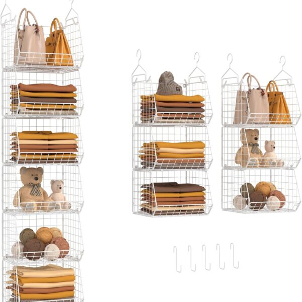 X-cosrack 6 Tier Closet Hanging Organizer, Clothes Hanging Shelves with 4 Hanging Hooks 5 S Hooks, Wire Storage Basket Bins, for Clothing Sweaters Shoes Handbags Clutches Accessories Patent