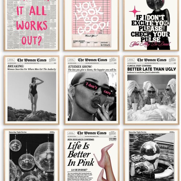 Elegend Trendy Newspaper Wall Art - 9pcs Disco Poster, Disco Ball Wall Art, What If It All Works Out Wall Art, 70s Tequila Print, Trendy Aesthetic Pictures, Retro Bar Cart Decor, Disco Funky Decor for Teen Girl Dorm Bedroom