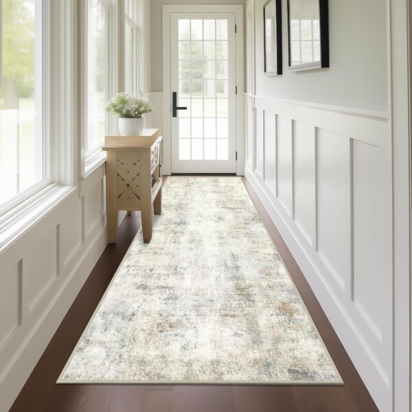 Capslpad 2x8 Washable Runner Rug, Modern Non-Slip Hallway Runner Rug, Abstract Low Pile Kitchen Rug, Soft Print Faux Wool Rug for Entryway, Bedroom, Kitchen, Laundry, Light Beige