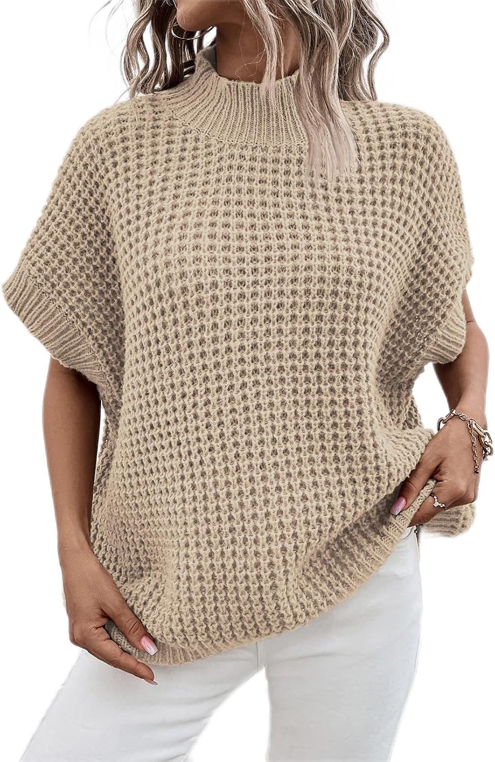 Viottiset Womens Oversized Short Batwing Sleeve Mock Neck Sweater Vest Fall Sleeveless Pullover Knit Sweaters Viottiset Womens Oversized Short Batwing Sleeve Mock Neck Sweater Vest Fall Sleeveless Pullover Knit Sweaters