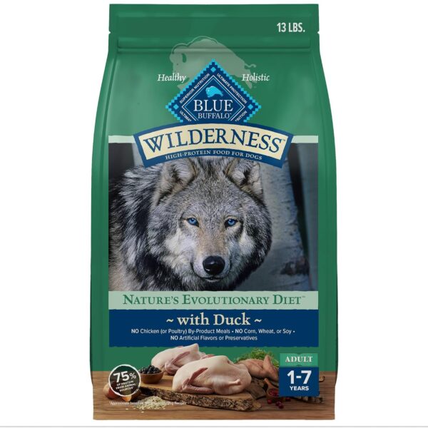 Blue Buffalo Wilderness with Duck High Protein Dry Dog Food for Adult Dogs, 34% Protein, Supports Immunity with Antioxidant-Rich LifeSource Bits, 13 lbs.